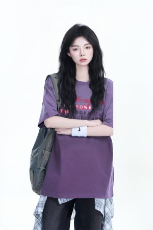 Gradient Round Neck Short Sleeve T-Shirt for Women - American Street Style, Casual Loose Fit, Summer 2023 Fashion