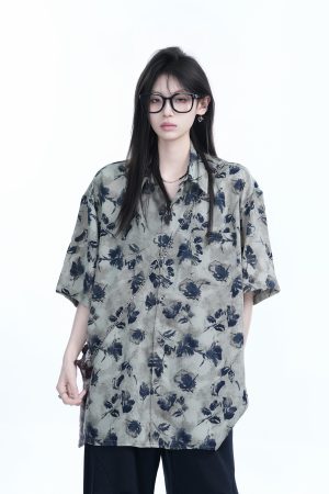 Graffiti Black Rose Short Sleeve Shirt for Women - Loose Lightweight Urban Style Top