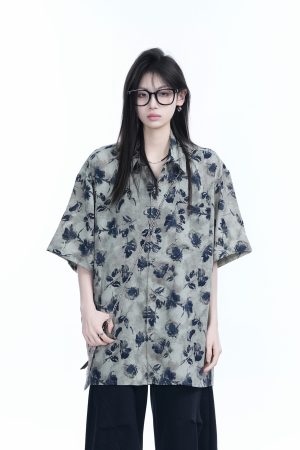 Graffiti Black Rose Short Sleeve Shirt for Women - Loose Lightweight Urban Style Top