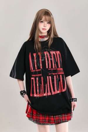 Graffiti Letter Oversized Short-Sleeve T-Shirt for Women - Summer 2025 American High Street Loose Fit