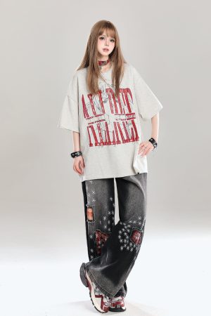 Graffiti Letter Oversized Short-Sleeve T-Shirt for Women - Summer 2025 American High Street Loose Fit