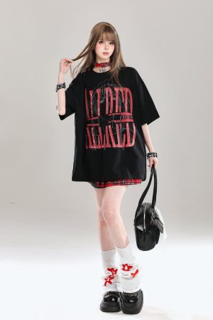 Graffiti Letter Oversized Short-Sleeve T-Shirt for Women - Summer 2025 American High Street Loose Fit