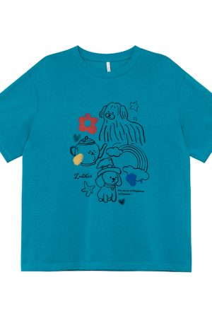 Graffiti Rainbow Dog Print Short Sleeve T-Shirt for Women - Summer Slimming Top, Trendy Casual Wear, Y2K Style