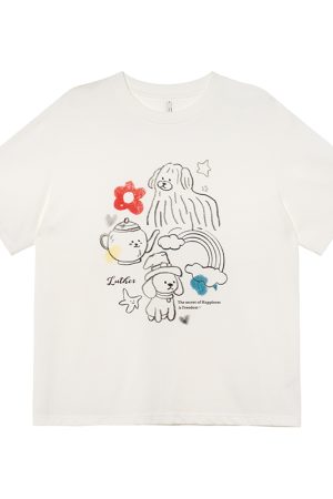 Graffiti Rainbow Dog Print Short Sleeve T-Shirt for Women - Summer Slimming Top, Trendy Casual Wear, Y2K Style