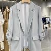 Gray-Blue Casual Minimalist Blazer for Women, Summer Lightweight Commuter Style, Unique 2025 Korean Fashion Design