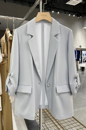 Gray-Blue Casual Minimalist Blazer for Women, Summer Lightweight Commuter Style, Unique 2025 Korean Fashion Design