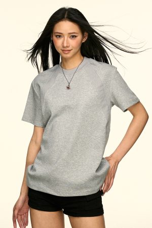 Gray Color-Block Round-Neck Short Sleeve T-Shirt for Women - American Style Summer Loose Fit Versatile Top, Flattering Design