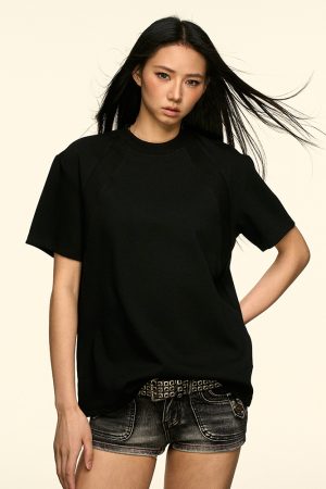 Gray Color-Block Round-Neck Short Sleeve T-Shirt for Women - American Style Summer Loose Fit Versatile Top, Flattering Design