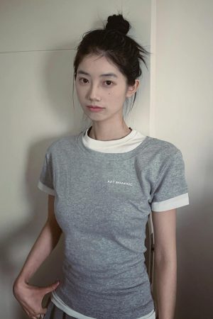 Gray Color-Blocked Short Sleeve Women's Fitted Slim T-Shirt - Vintage Sweet & Spicy Jazz Top - Trendy Summer Fashion