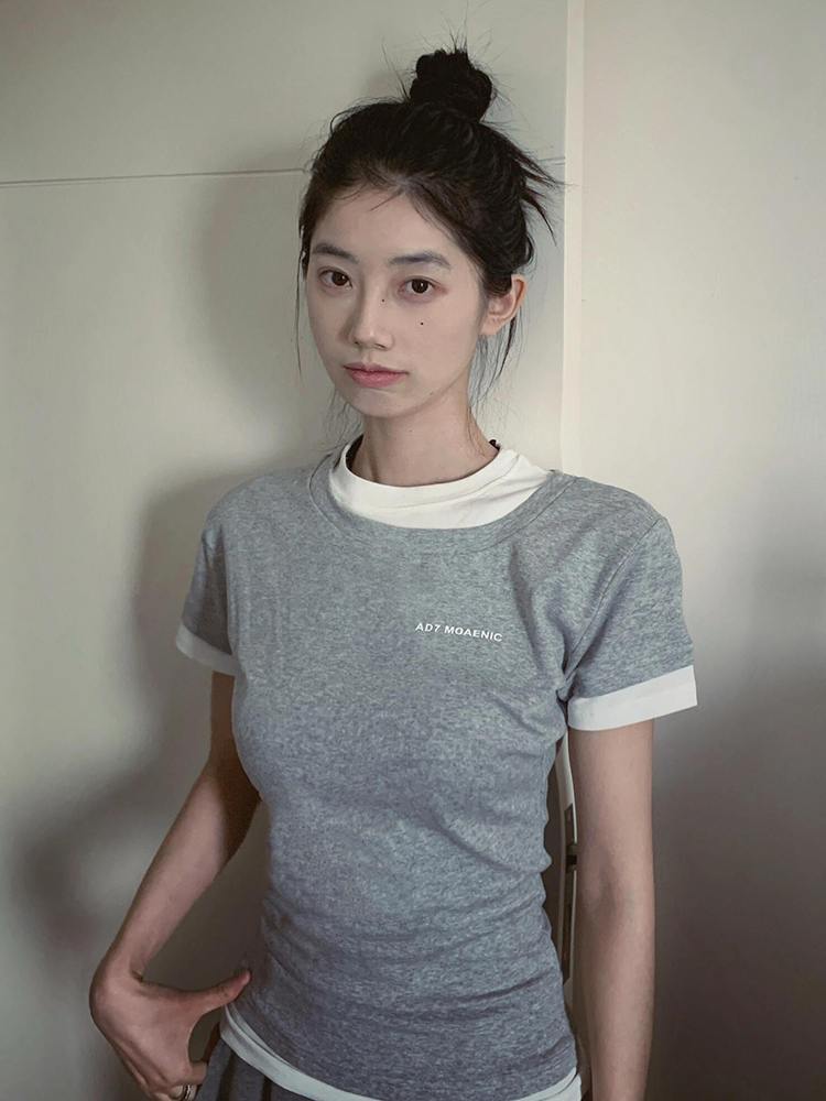 Gray Color-Blocked Short Sleeve Women's Fitted Slim T-Shirt - Vintage Sweet & Spicy Jazz Top - Trendy Summer Fashion