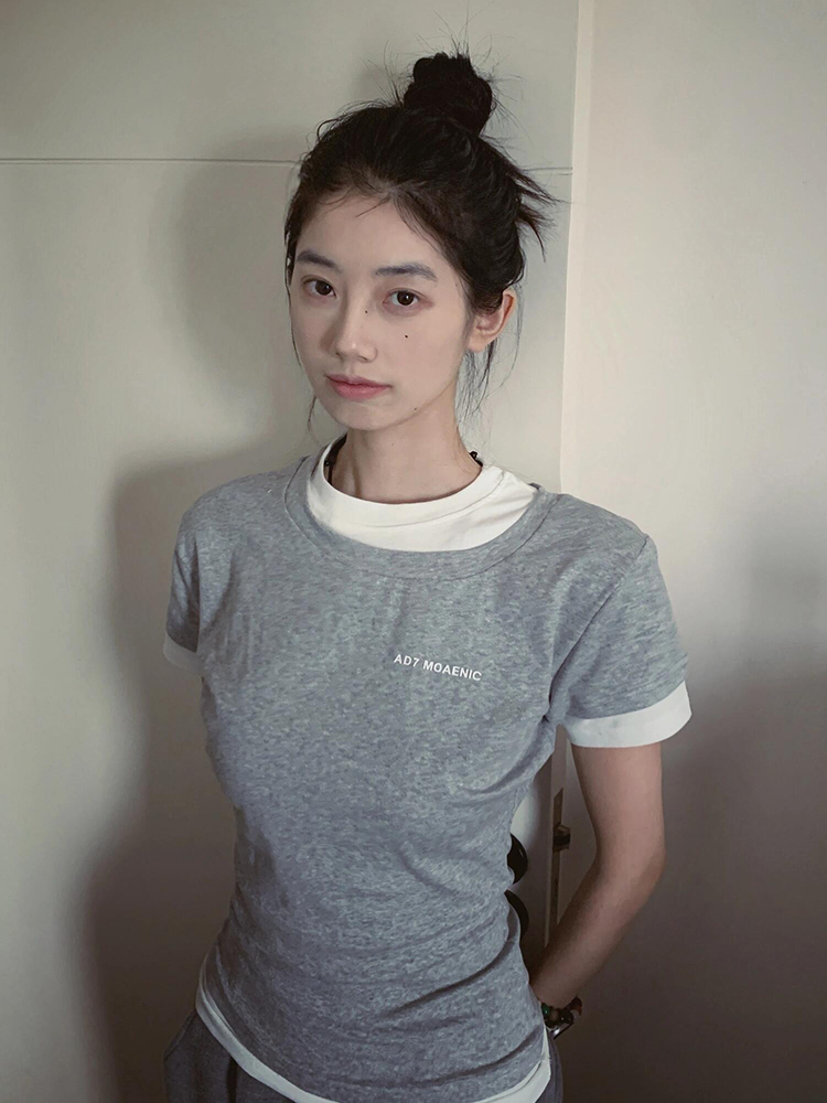 Gray Color-Blocked Short Sleeve Women's Fitted Slim T-Shirt - Vintage Sweet & Spicy Jazz Top - Trendy Summer Fashion