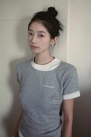 Gray Color-Blocked Short Sleeve Women's Fitted Slim T-Shirt - Vintage Sweet & Spicy Jazz Top - Trendy Summer Fashion