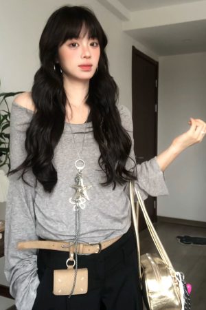 Gray Faux Two-Piece Long Sleeve T-Shirt for Women - Spring Halter Neck Off-Shoulder One-Shoulder Top in Trendy Style