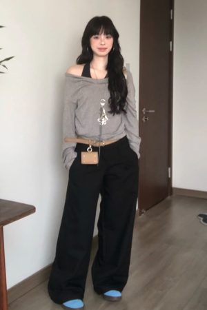 Gray Faux Two-Piece Long Sleeve T-Shirt for Women - Spring Halter Neck Off-Shoulder One-Shoulder Top in Trendy Style