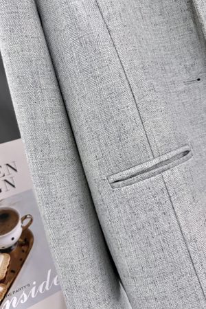 Gray-Green Textured Suit Jacket for Women - French Style, Trendy Korean Spring Autumn Fashion 2025