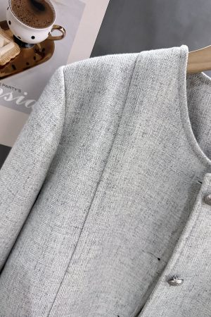 Gray-Green Textured Suit Jacket for Women - French Style, Trendy Korean Spring Autumn Fashion 2025