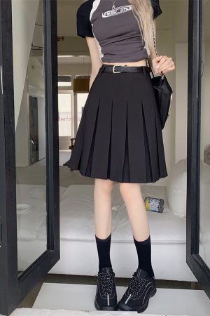 Gray High-Waisted Pleated A-Line Skirt for Women - Summer College Style Mid-Length Tummy-Covering JK Skirt