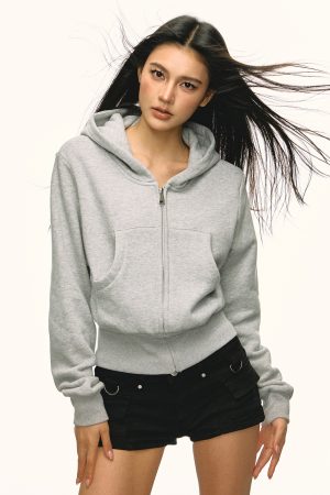 Gray Hooded Zip-Up Sweatshirt for Women - Waist-Cinched Short Sports Jacket, 2025 Spring Fashion, Versatile Casual Wear