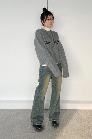 Gray Jacquard Round Neck Loose Casual Layered Knit Sweater for Women in Shibuya Style - Trendy 90s Inspired Fashion