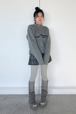 Gray Jacquard Round Neck Loose Casual Layered Knit Sweater for Women in Shibuya Style - Trendy 90s Inspired Fashion