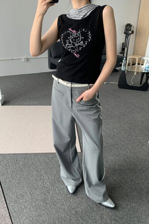 Gray Lace Patchwork Long Pants - Low-Waist Retro Casual Style, Versatile Y2K Fashion for Effortless Everyday Wear