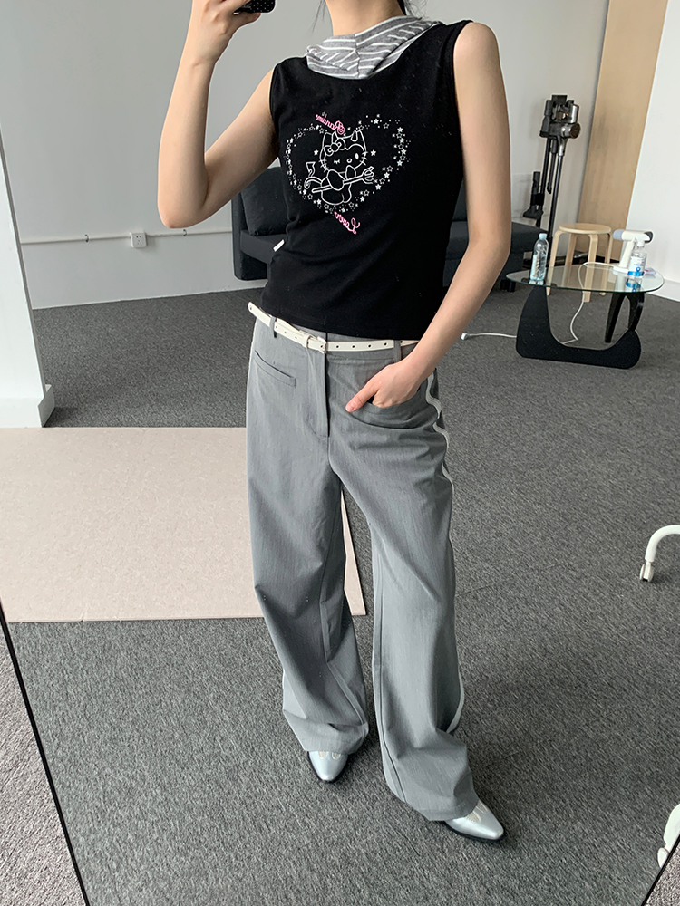 Gray Lace Patchwork Long Pants - Low-Waist Retro Casual Style, Versatile Y2K Fashion for Effortless Everyday Wear Gray Lace Patchwork Long Pants - Low-Waist Retro Casual Style, Versatile Y2K Fashion for Effortless Everyday Wear