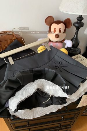 Gray Lace-Trimmed A-Line Skirt for Women, Bow Detail, Puffy Pleated Design, Spring Summer Fashion, Sexy Anti-Exposure Style