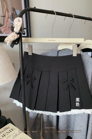 Gray Lace-Trimmed A-Line Skirt for Women, Bow Detail, Puffy Pleated Design, Spring Summer Fashion, Sexy Anti-Exposure Style