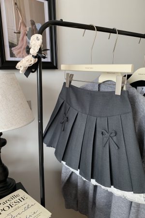 Gray Lace-Trimmed A-Line Skirt for Women, Bow Detail, Puffy Pleated Design, Spring Summer Fashion, Sexy Anti-Exposure Style