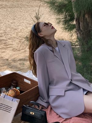 Gray Loose Fit Small Suit Jacket for Women, 2025 Spring Autumn Casual Two-Piece Set for Petite Sizes