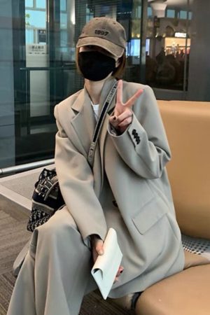 Gray Milk Tea Women's Blazer Coat Two-Piece Set - Casual Loose Suit for Petite Sizes, Spring Autumn 2025 Fashion