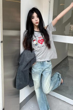 Gray Off-Shoulder Short Sleeve Women's Summer Color-Blocking Loose T-Shirt with Hello Kitty Print - Trendy Sexy Casual Top