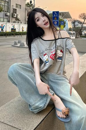 Gray Off-Shoulder Short Sleeve Women's Summer Color-Blocking Loose T-Shirt with Hello Kitty Print - Trendy Sexy Casual Top