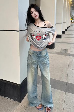 Gray Off-Shoulder Short Sleeve Women's Summer Color-Blocking Loose T-Shirt with Hello Kitty Print - Trendy Sexy Casual Top