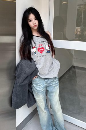 Gray Off-Shoulder Short Sleeve Women's Summer Color-Blocking Loose T-Shirt with Hello Kitty Print - Trendy Sexy Casual Top