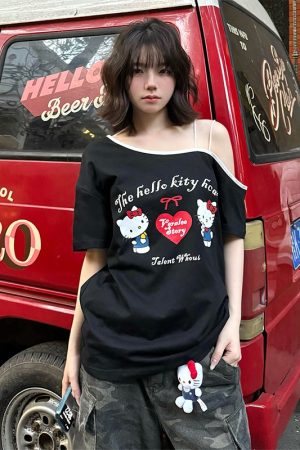 Gray Off-Shoulder Short Sleeve Women's Summer Color-Blocking Loose T-Shirt with Hello Kitty Print - Trendy Sexy Casual Top