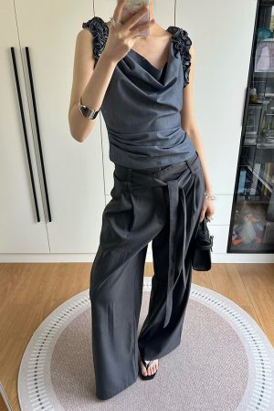 Gray One-Shoulder Draped Collar Suit Vest for Women - Luxe Sleeveless Top with Flower Bud Design, Two-Way Wear, Summer Style