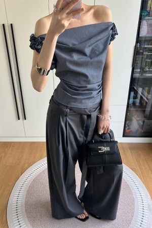 Gray One-Shoulder Draped Collar Suit Vest for Women - Luxe Sleeveless Top with Flower Bud Design, Two-Way Wear, Summer Style