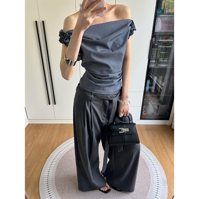 Gray One-Shoulder Draped Collar Suit Vest for Women - Luxe Sleeveless Top with Flower Bud Design, Two-Way Wear, Summer Style Gray One-Shoulder Draped Collar Suit Vest for Women - Luxe Sleeveless Top with Flower Bud Design, Two-Way Wear, Summer Style