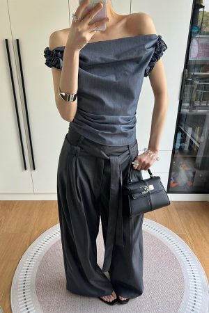 Gray One-Shoulder Draped Collar Suit Vest for Women - Luxe Sleeveless Top with Flower Bud Design, Two-Way Wear, Summer Style