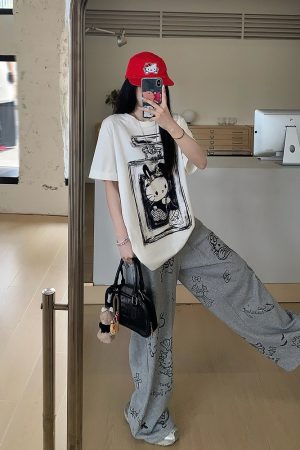 Gray Printed Wide-Leg Casual Pants for Women - Loose Slim Fit Summer Trousers, Trendy 90s Style