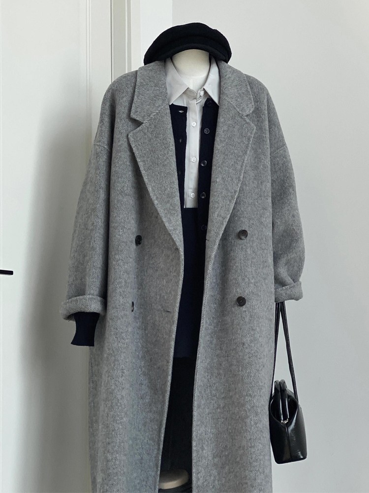 Gray Reversible Cashmere Coat for Women - High-End Woolen Jacket, Mid-Length, Korean Style, Autumn Winter 2024 Fashion Gray Reversible Cashmere Coat for Women - High-End Woolen Jacket, Mid-Length, Korean Style, Autumn Winter 2024 Fashion