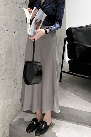 Gray Satin Sheen Diagonal-Cut Fishtail Skirt - Women's Bodycon Mid-Length for Spring/Summer 2025 Fashion
