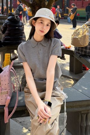 Gray Short Sleeve Polo Shirt for Women - Summer American Retro Knitted T-Shirt, College Style Slim Fit Top