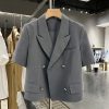 Gray Short Sleeve Suit Jacket for Women - Thin Summer Blazer, Trendy Korean Style 2025 Fashion, High-End Professional Look
