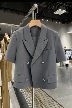 Gray Short Sleeve Suit Jacket for Women - Thin Summer Blazer, Trendy Korean Style 2025 Fashion, High-End Professional Look
