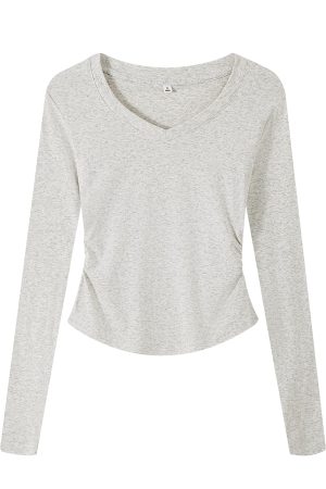 Gray Square-Neck Slim-Fit Cropped Short Sleeve T-Shirt for Women - American Style Summer Top