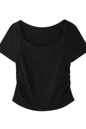 Gray Square-Neck Slim-Fit Cropped Short Sleeve T-Shirt for Women - American Style Summer Top