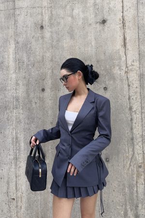 Gray Strap Waist-Cinching Fitted Suit & Pleated Skirt Set - City Girl Style for Trendy Outfits, Perfect for 90s and Y2K Fashion