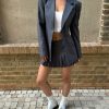 Gray Strap Waist-Cinching Fitted Suit & Pleated Skirt Set - City Girl Style for Trendy Outfits, Perfect for 90s and Y2K Fashion